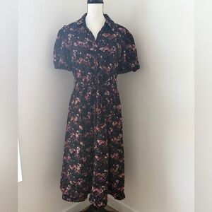 52seven Black Midi Dress with Pink Floral Print and Velvet Detailing